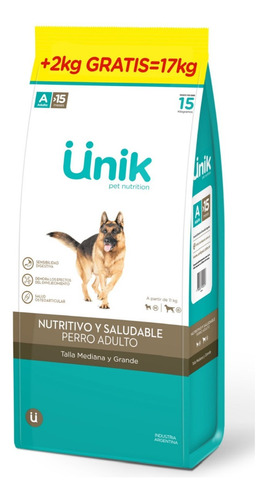 Unik Perro Adulto Razas Med/grandes X 15 Kg + 2 Kg Gratis+Power Comprimido Antipulgas De Regalo!!